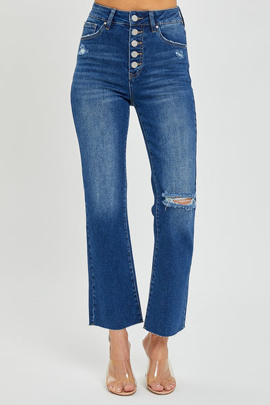 high rise button down ankle straight jeans