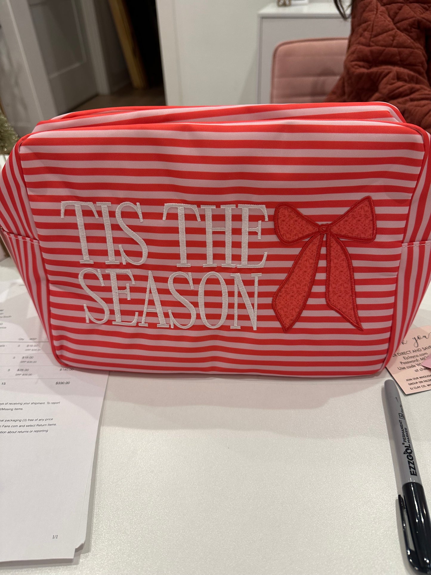Tis the season red stripe nylon bag