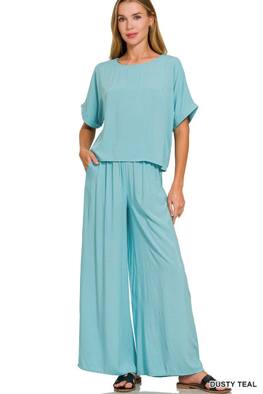 Woven short sleeve & long pant set