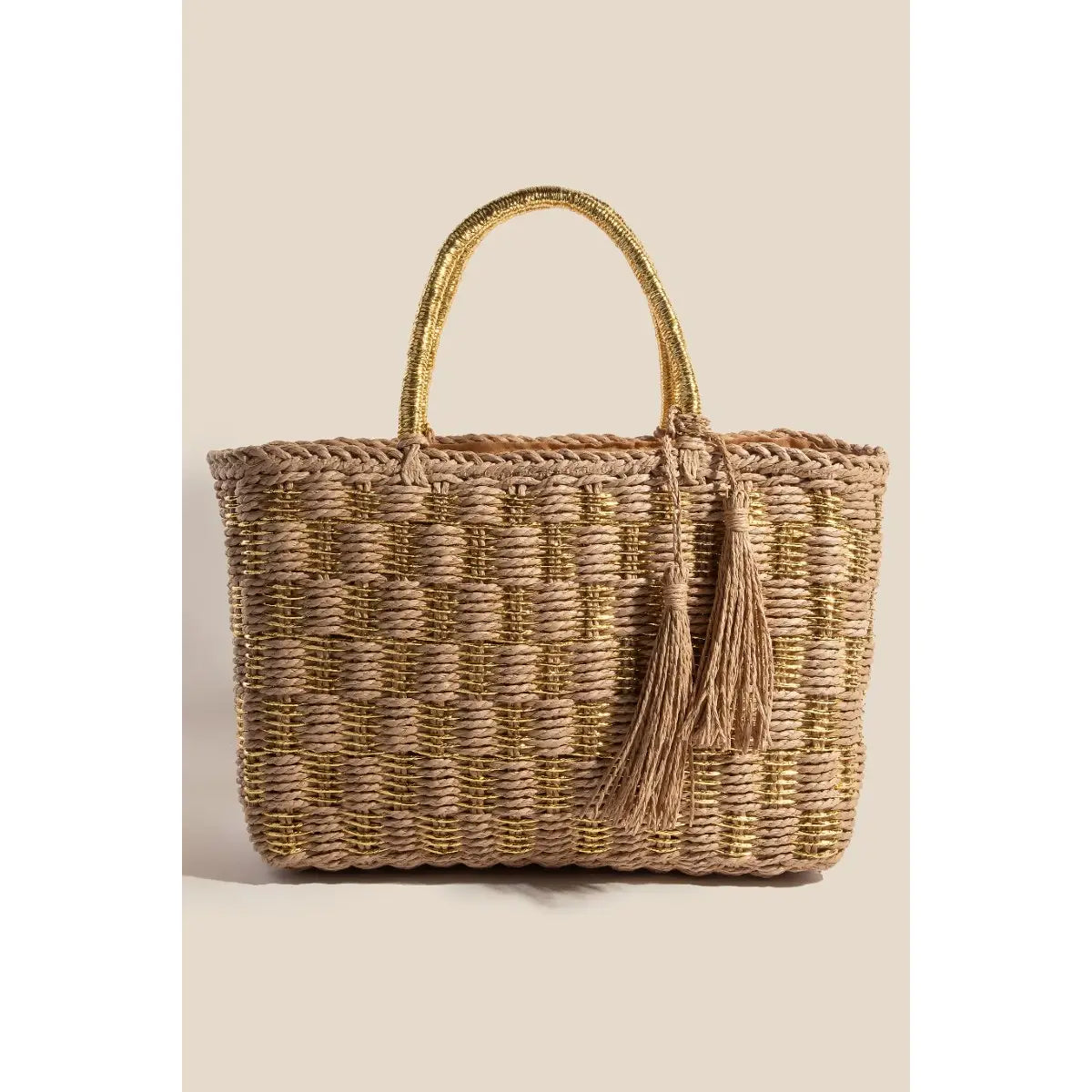 Metallic Checkered Straw Braided Hand Bag
