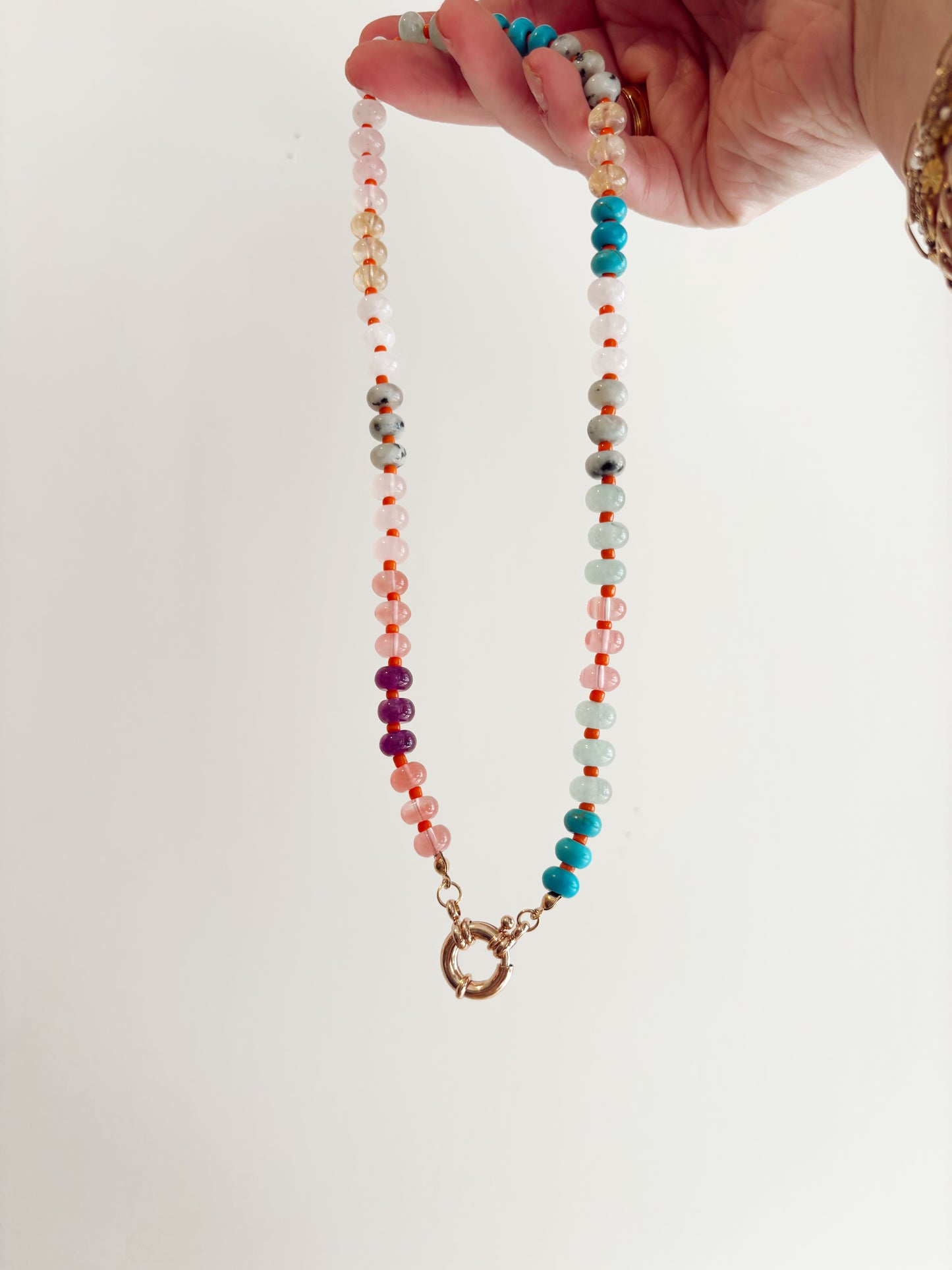 Natural Stone Charm Spring Clasp Beaded Necklace