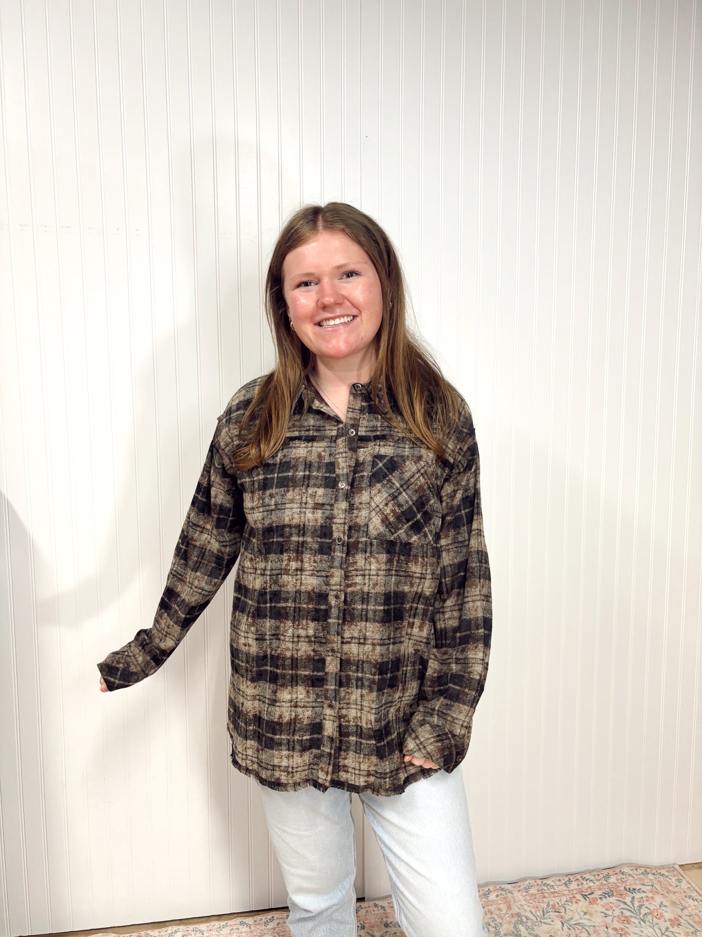Plaid Flannel Shirt w/ Frayed Detail