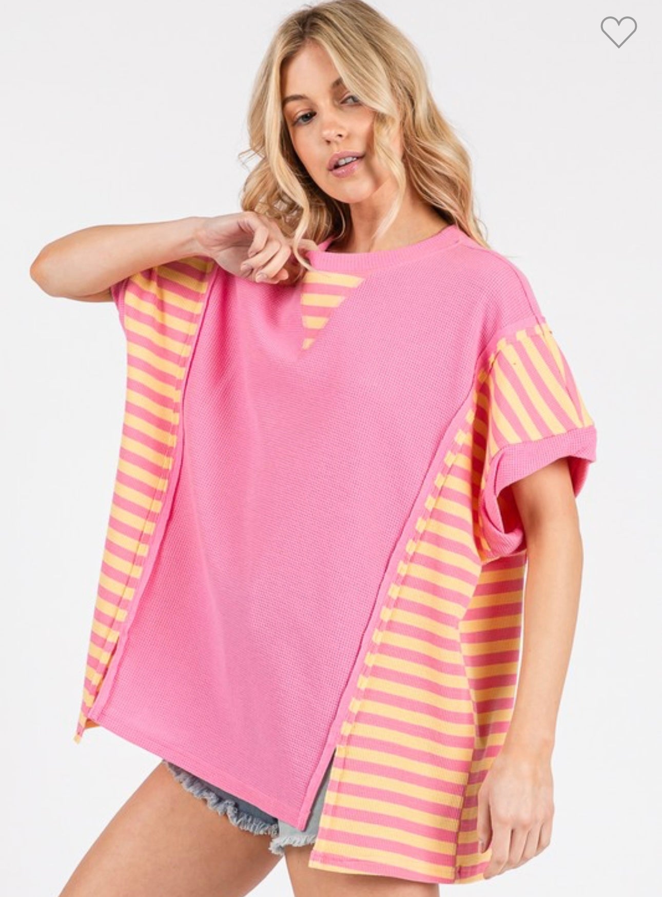 Oversized contrast striped waffle knit top cream