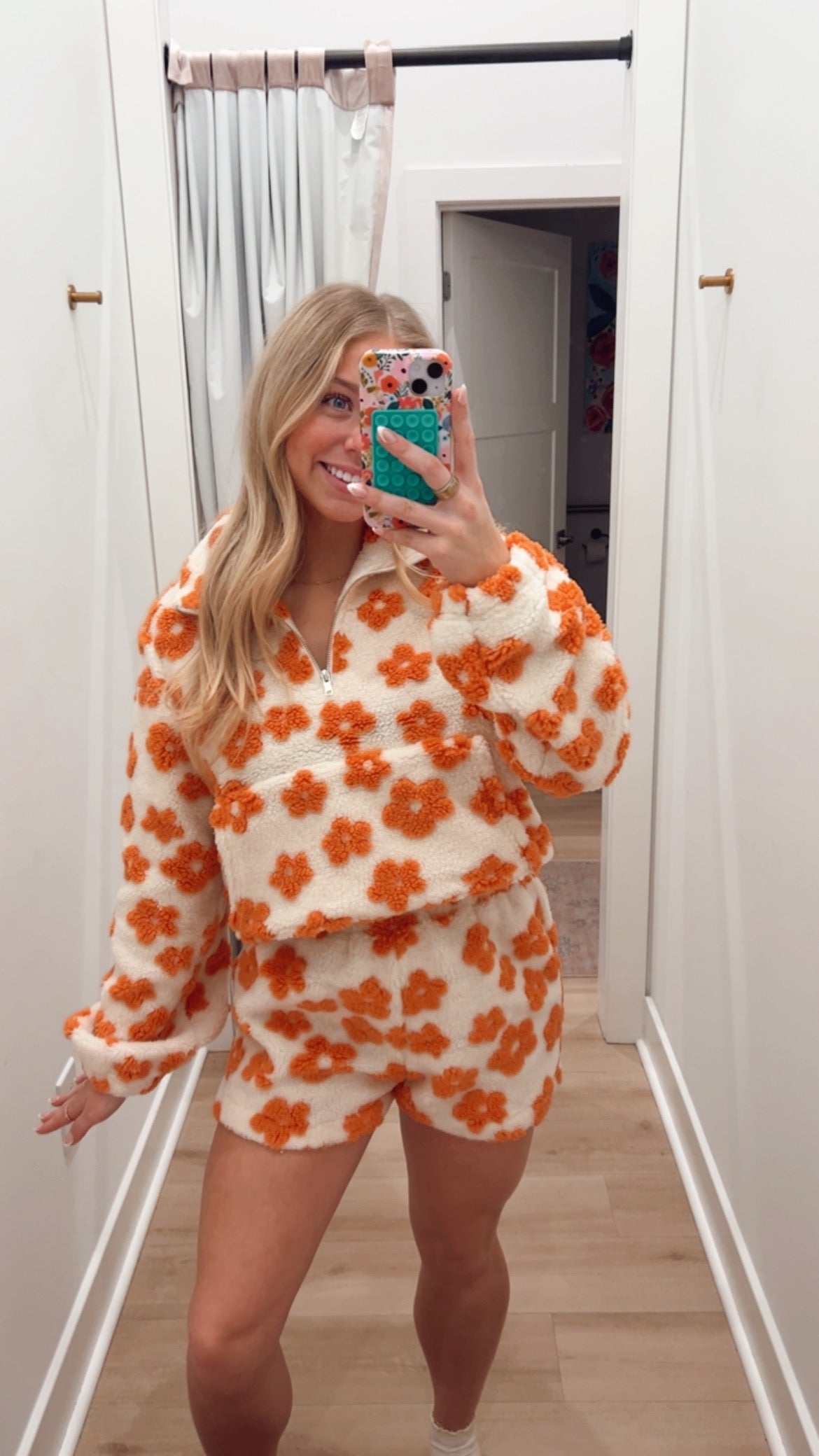 Floral print Sherpa half zip pullover set orange