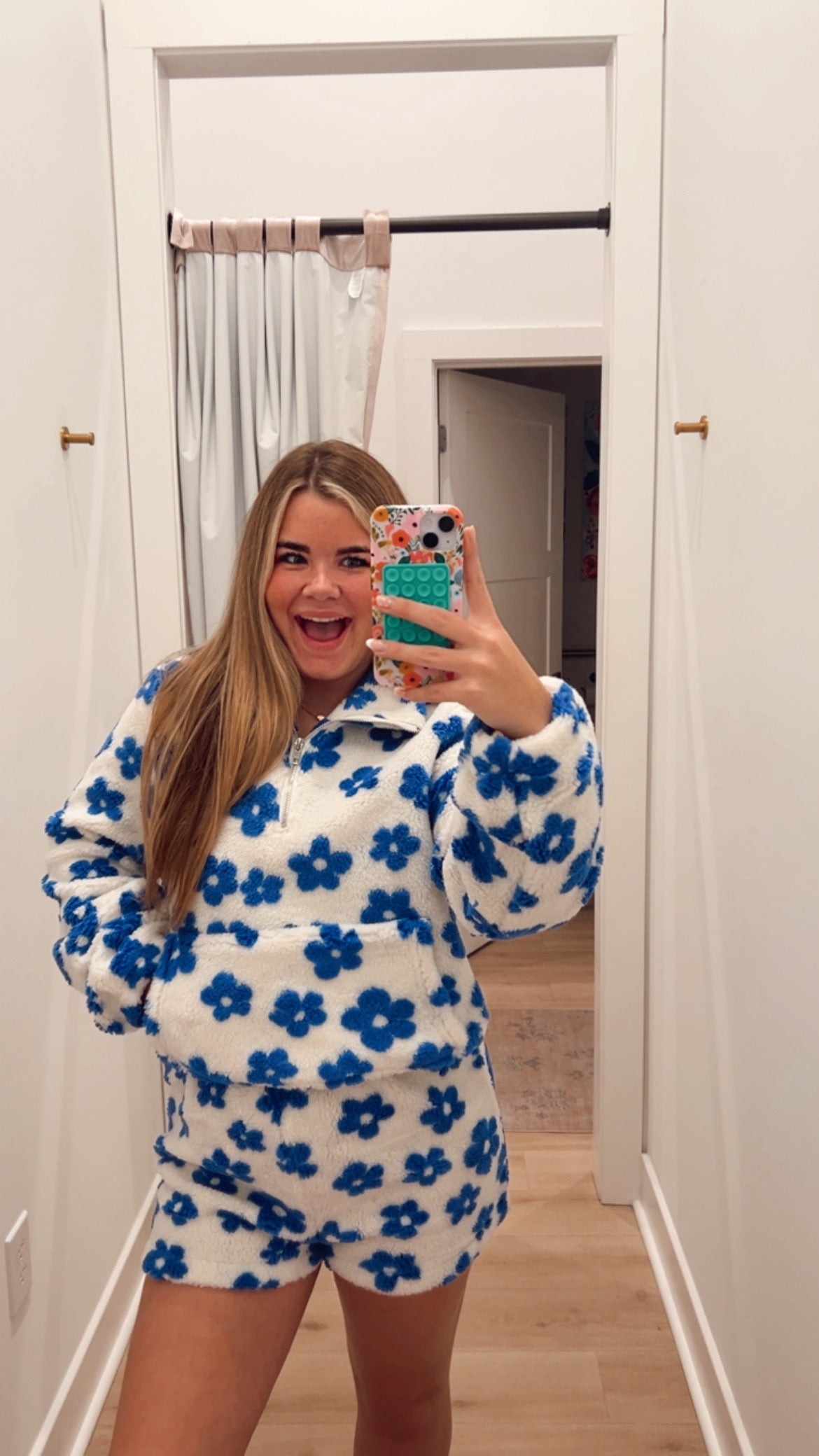 Floral print Sherpa half zip pullover set blue