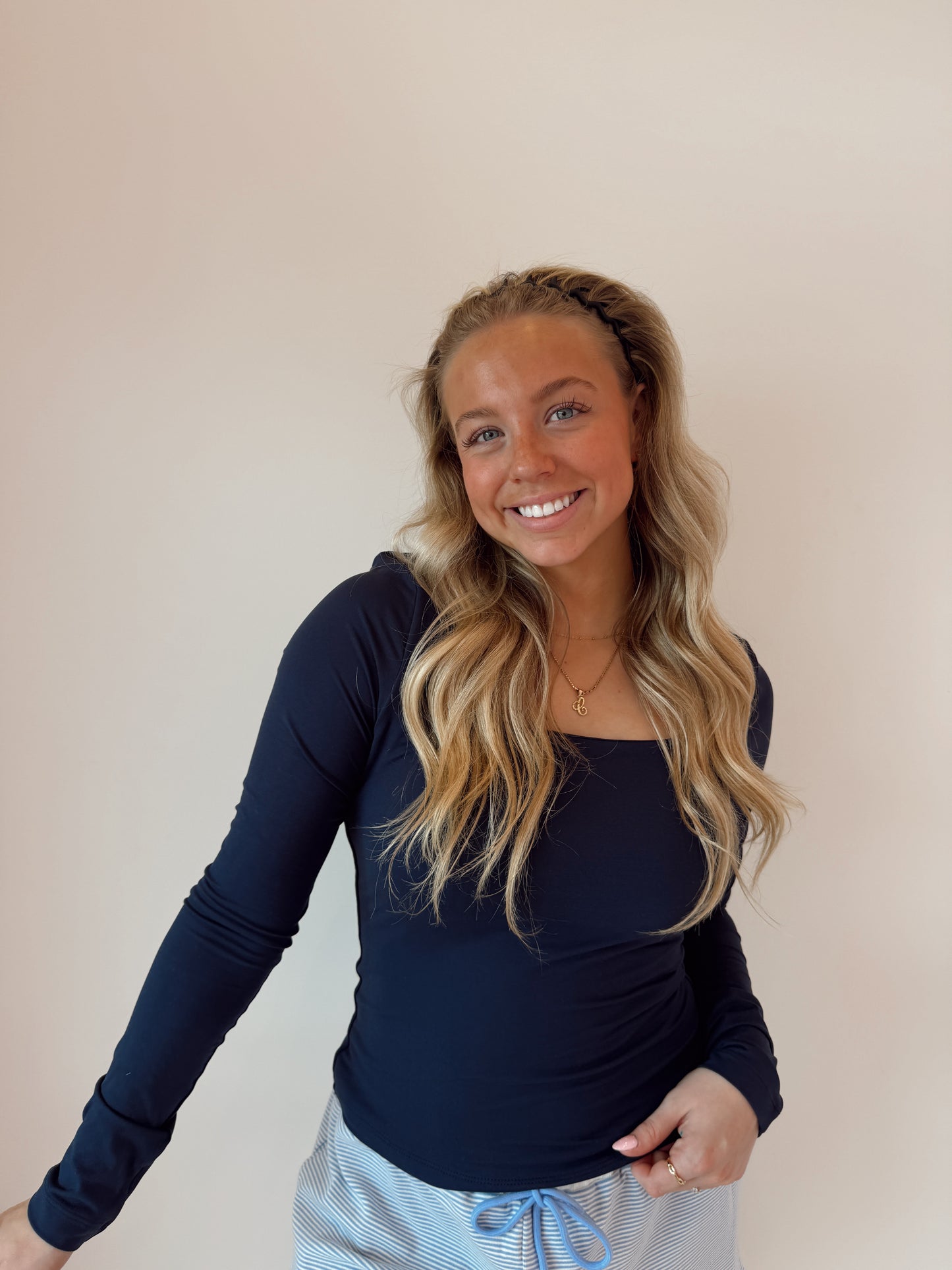 Recycled butter square neck long sleeve NAVY