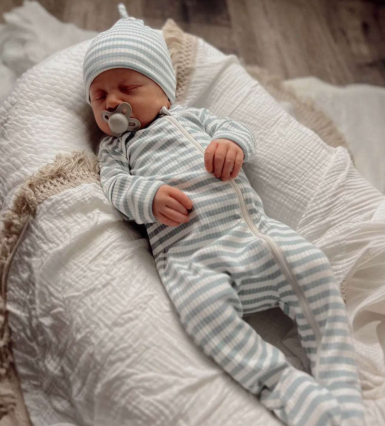 Dusty blue stripe, organic ribbed footie