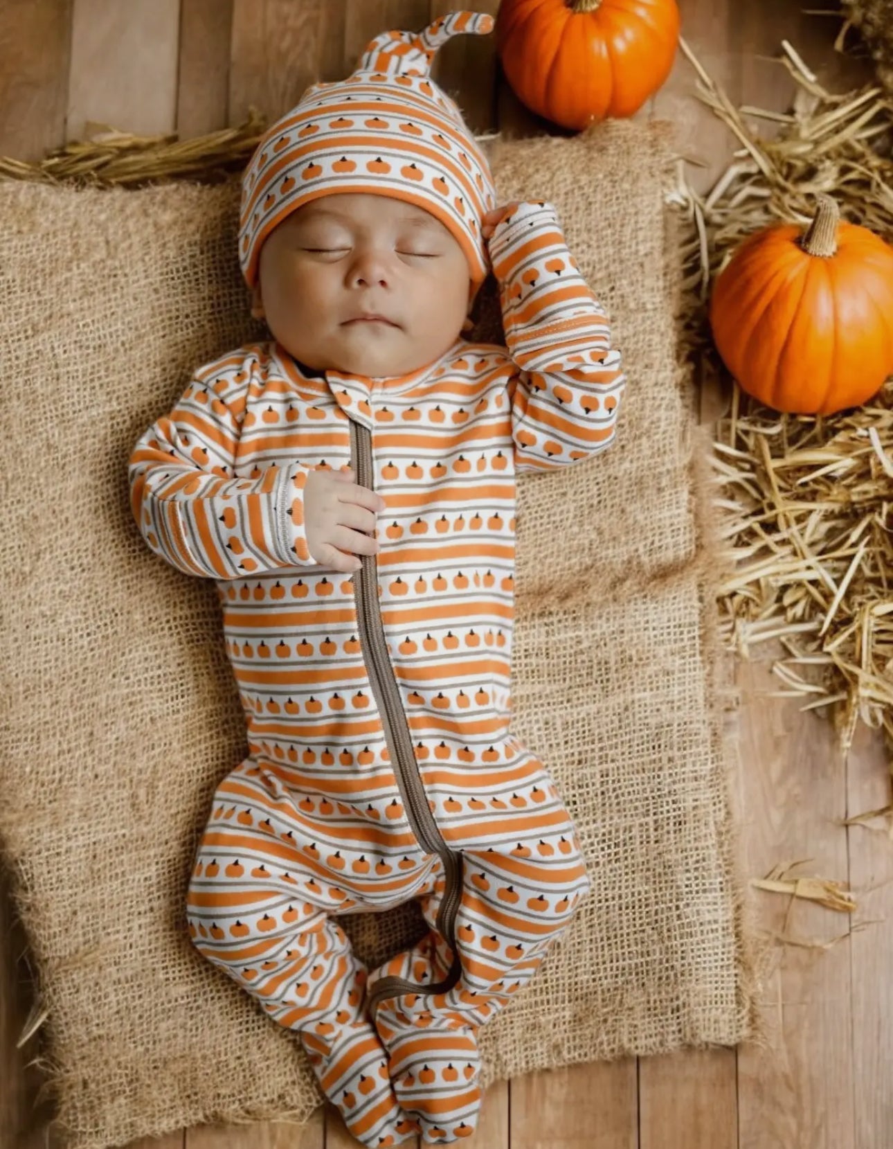 Pumpkin stripe organic zip footie