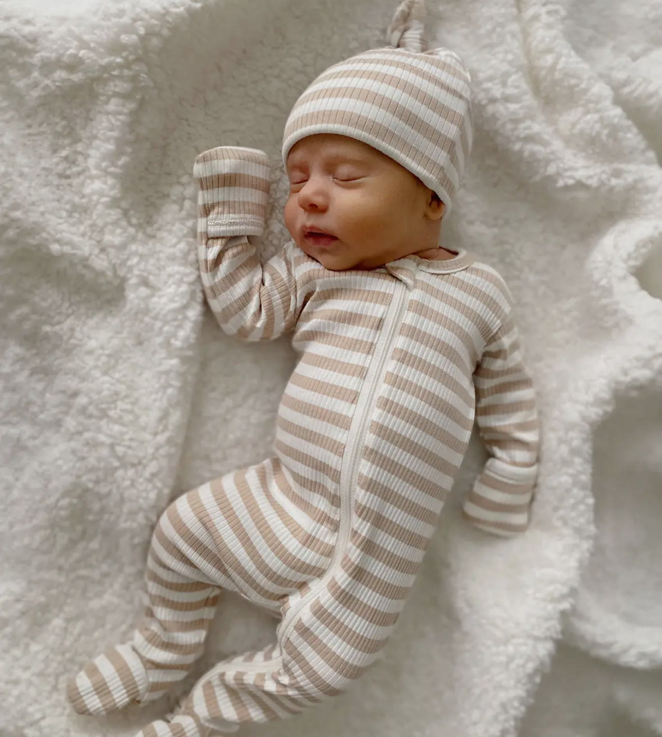 Tan stripe organic zip footie