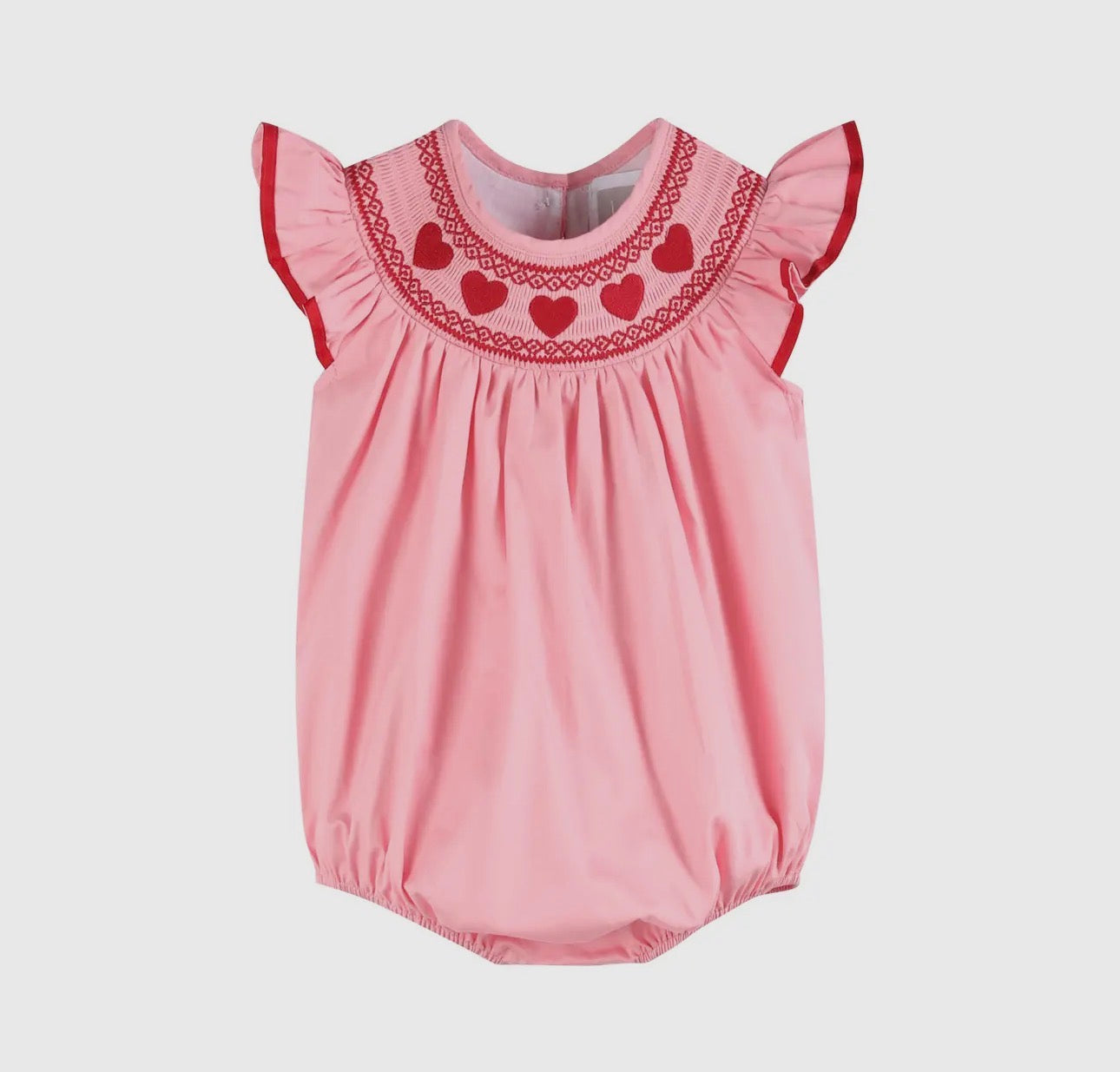Pink hearts valentines smocked bishop romper