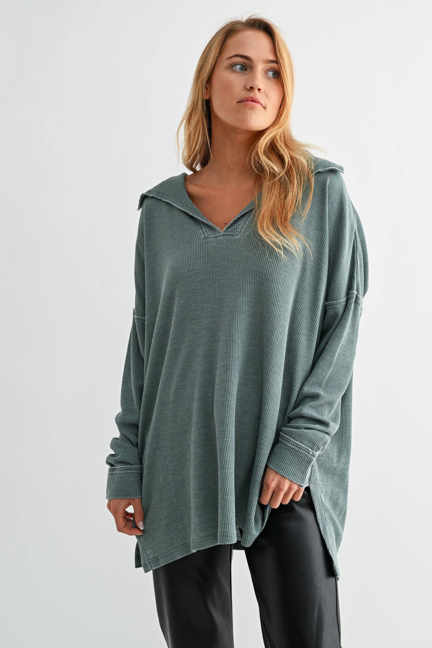 Cotton Blend Waffle Long Sleeve BLUE
