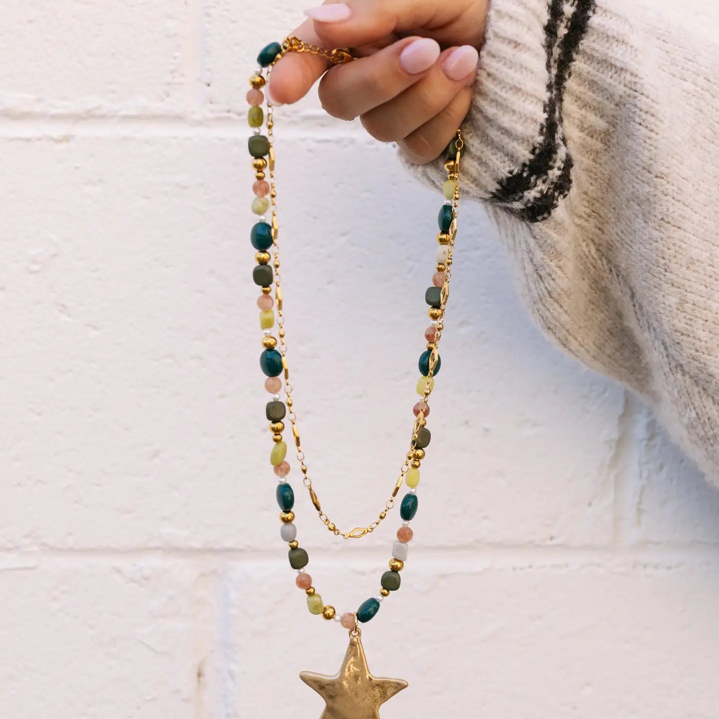 Ziggy Star Layered Necklace - Green