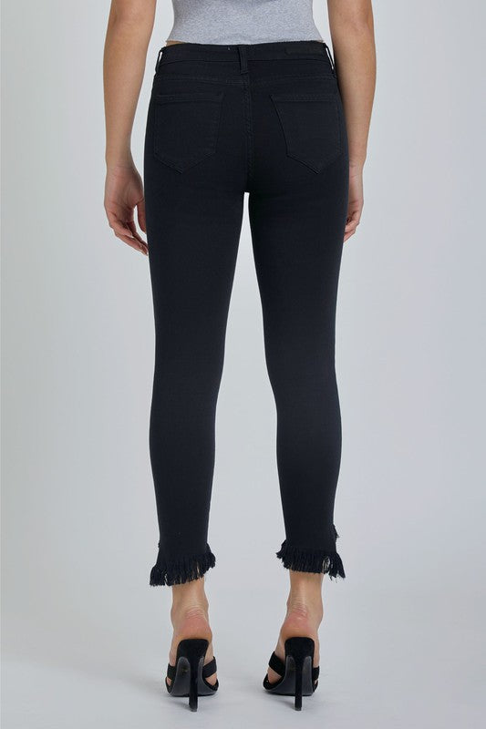 Mid Rise Black Crop Skinny with Fray Hem