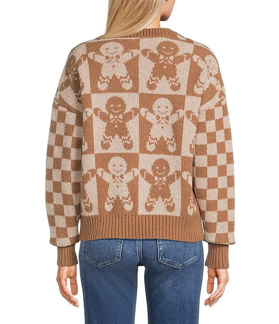 Checkered Gingerbread Jacquard Knit Sweater