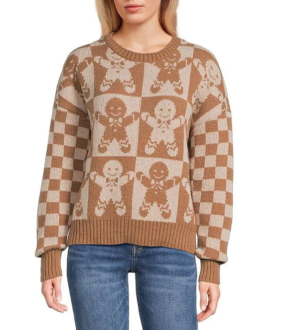 Checkered Gingerbread Jacquard Knit Sweater