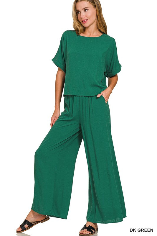 Woven short sleeve & long pant set