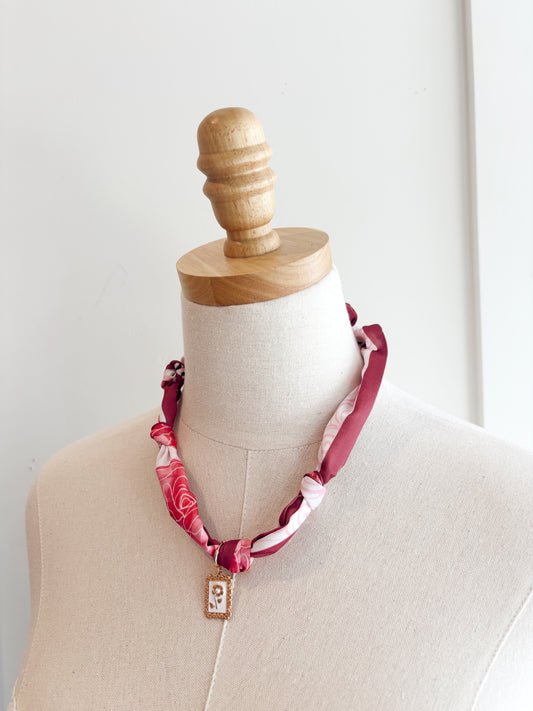 Flower charm pink scarf necklace