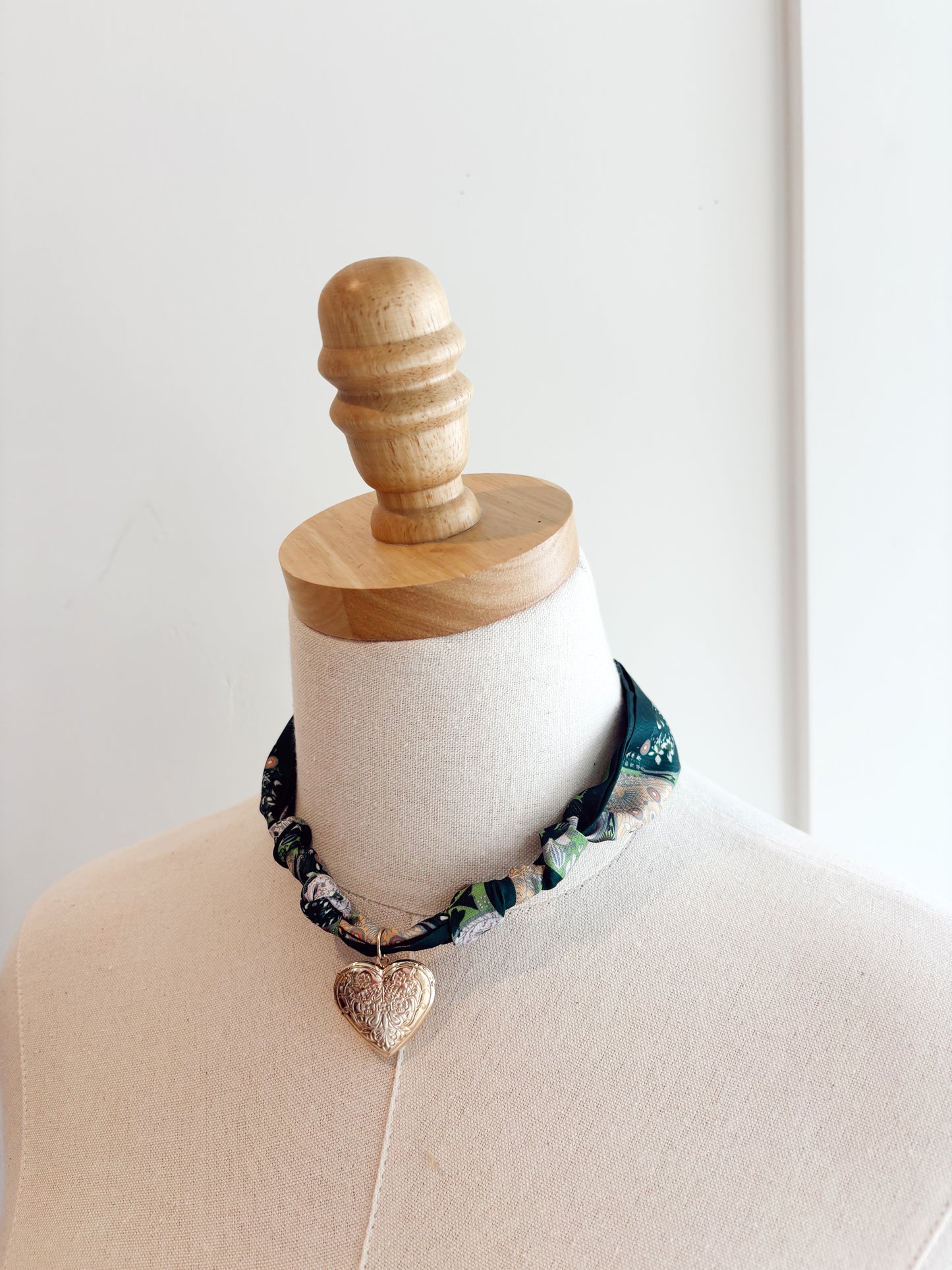 Locket charm green scarf necklace