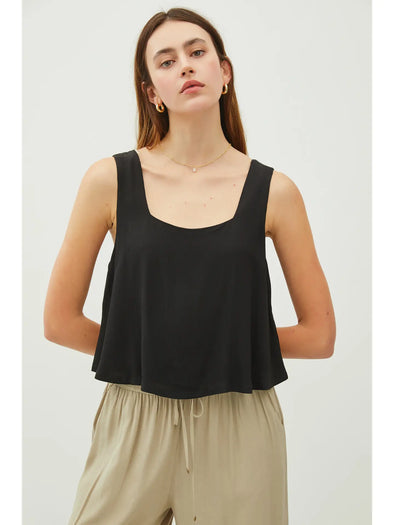 Rayon Flowy Square Neck Crop Tank Top Black