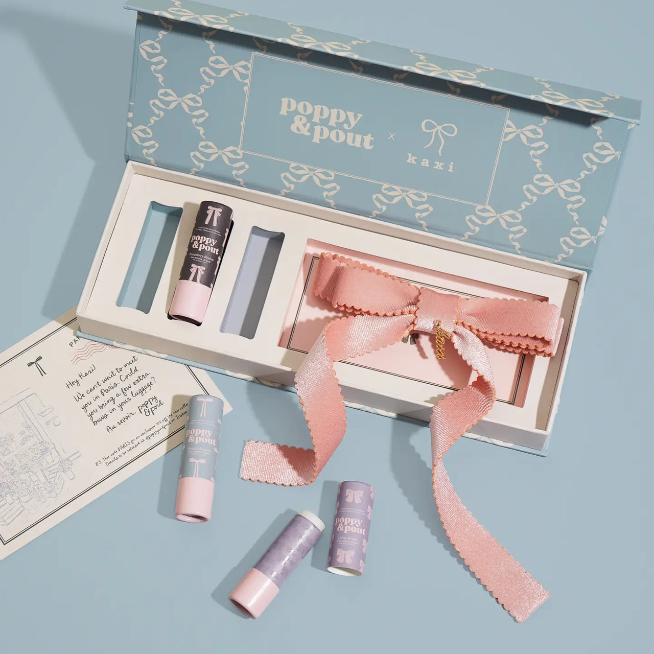 Poppy & Pout Gift Set Coquette Lip Balm Trio + Kaxi Hair Bow