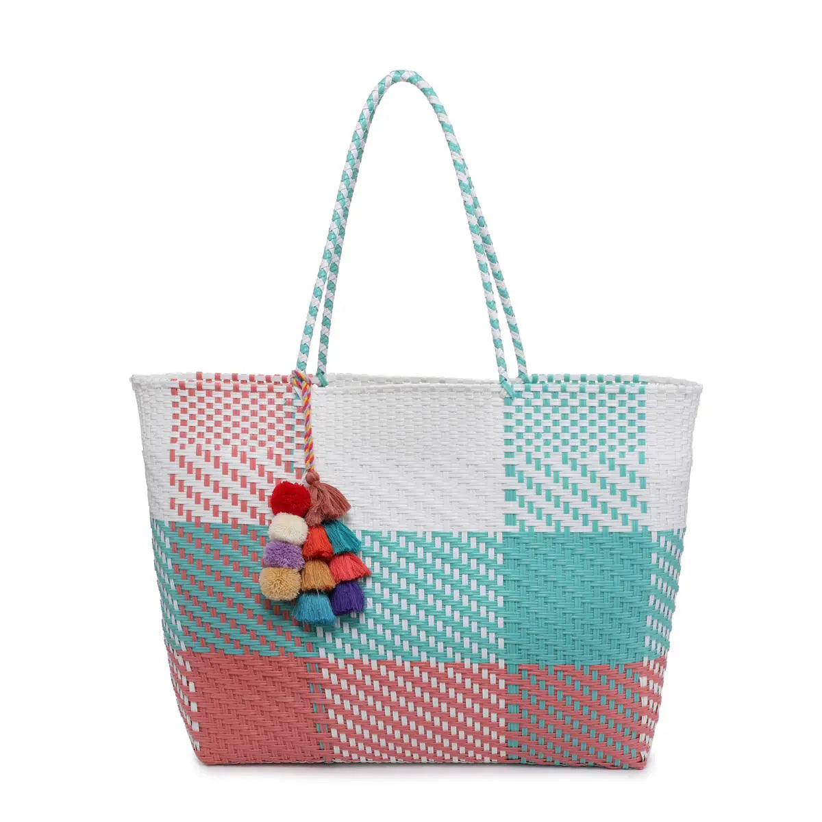 Sylvia Med Handwoven Tote w/ Pom-Poms