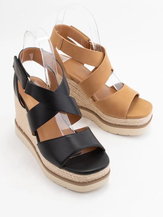 Cross Velcro Strap Wedge Black