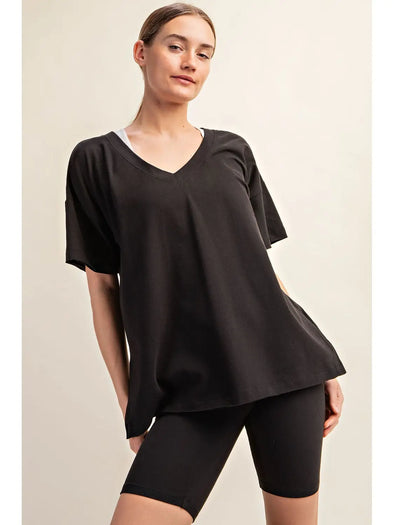 Cotton Lycra Oversized V Neck Reversible Short Sleeve Top BLACK