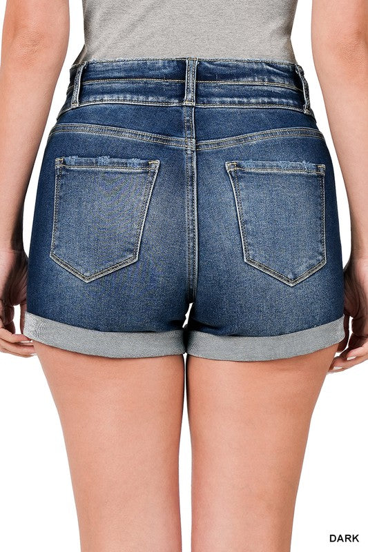 cuffed double button denim shorts