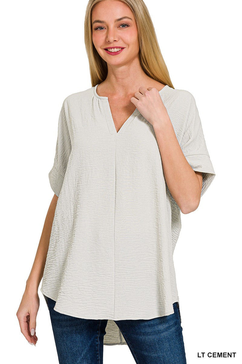 WOVEN AIRFLOW SPLIT NECK SHORT SLEEVE TOP sleet