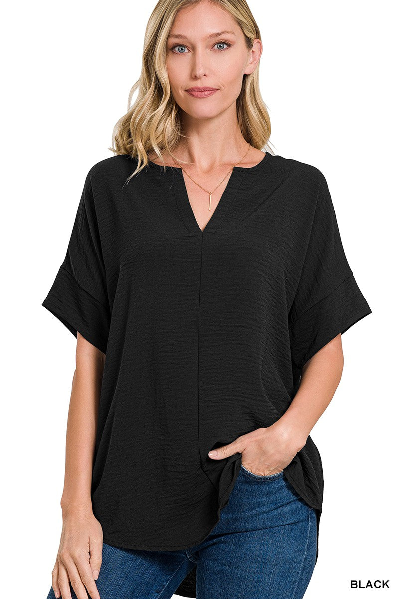 WOVEN AIRFLOW SPLIT NECK SHORT SLEEVE TOP black
