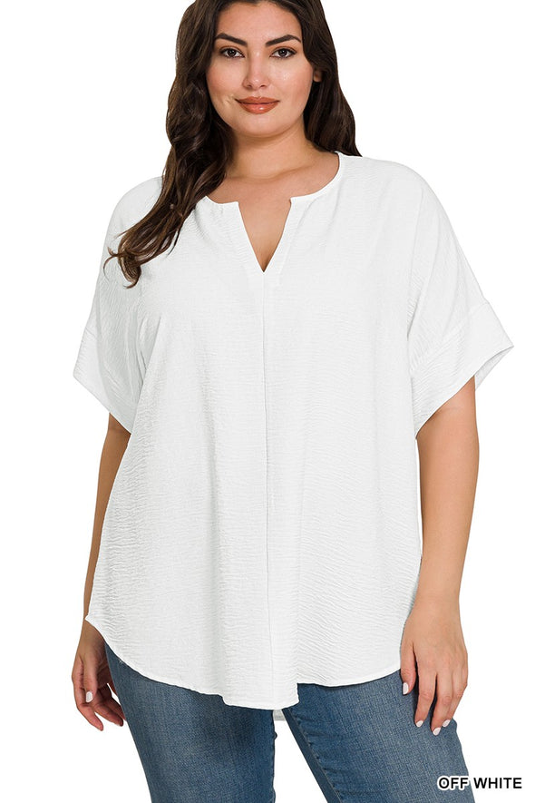 WOVEN AIRFLOW SPLIT NECK SHORT SLEEVE TOP off white