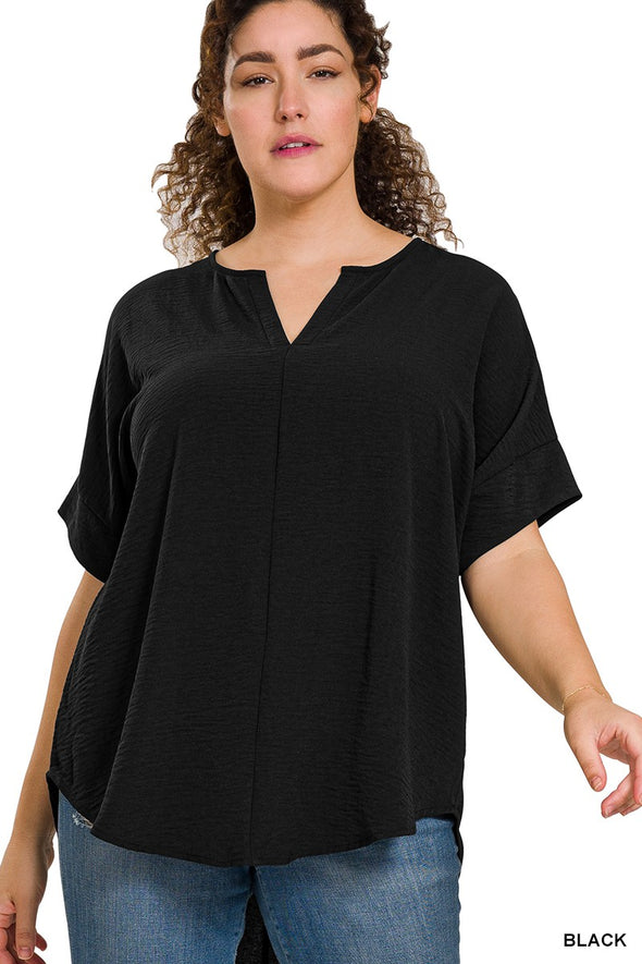 WOVEN AIRFLOW SPLIT NECK SHORT SLEEVE TOP black