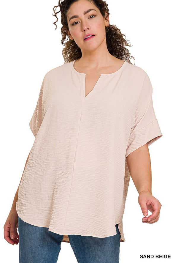 WOVEN AIRFLOW SPLIT NECK SHORT SLEEVE TOP sand beige