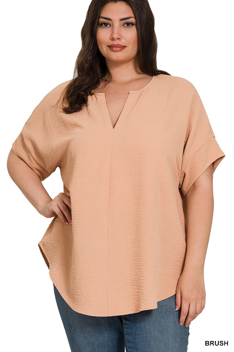 WOVEN AIRFLOW SPLIT NECK SHORT SLEEVE TOP brush