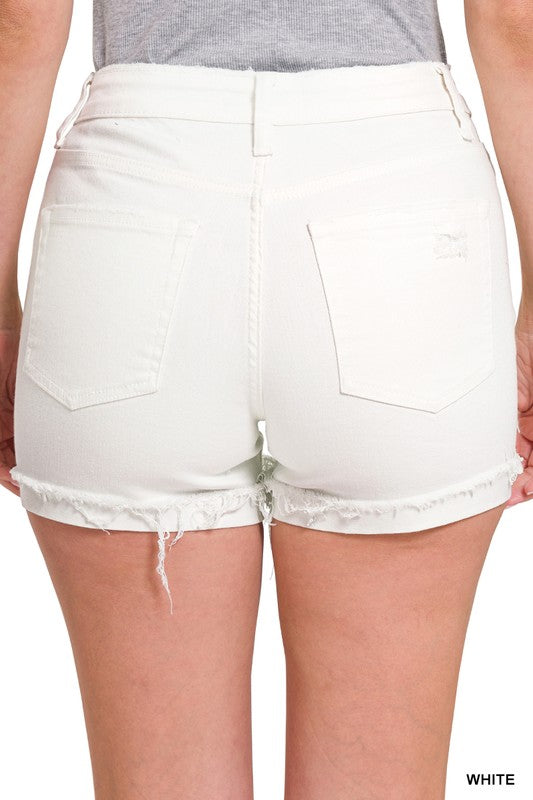 distressed cuff hem white denim shorts