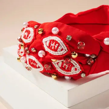 Pearls and Seed Beads Headband RED WHITE