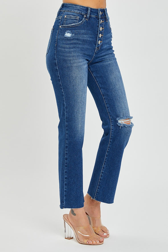 high rise button down ankle straight jeans