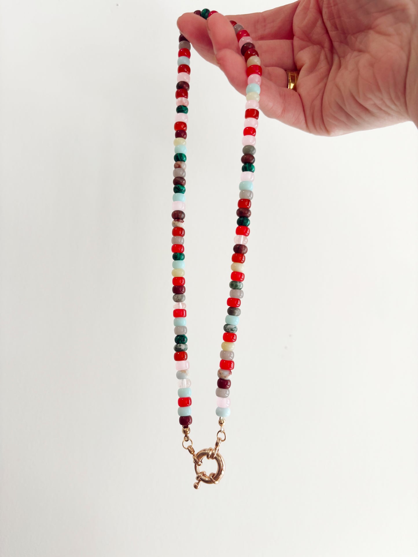 Natural Stone Charm Spring Clasp Beaded Necklace
