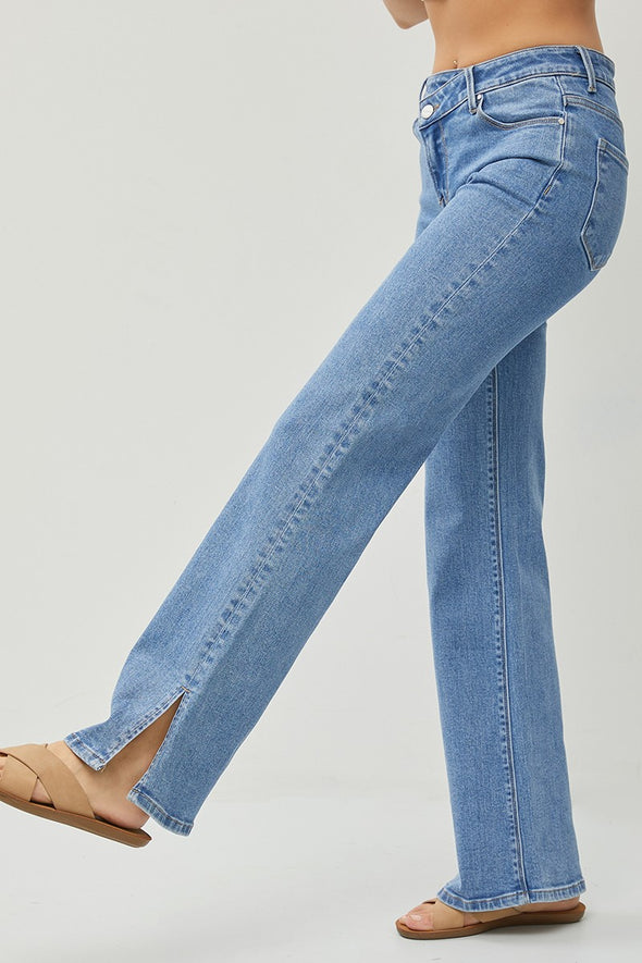 mid rise cross over side slit straight jeans