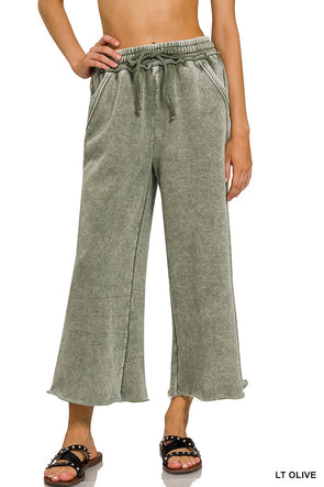 ACID WASH FLEECE PALAZZO SWEATPANTS WITH POCKETS light olive