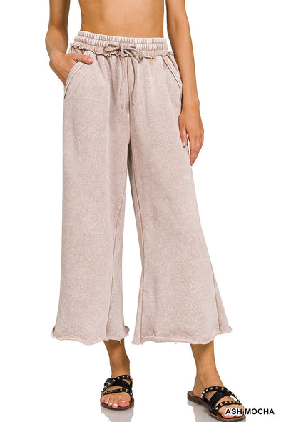 ACID WASH FLEECE PALAZZO SWEATPANTS WITH POCKETS ash mocha