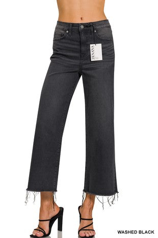 HIGH RISE WASHED BLACK CROPPED JEAN PANTS