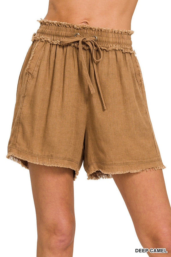 WASHED LINEN FRAYED HEM DRAWSTRING SHORTS deep camel