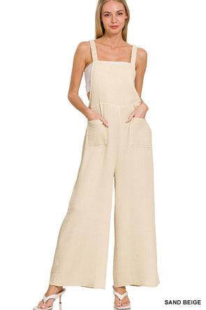 WASHED DOUBLE GAUZE ELASTIC WAIST WIDE OVERALLS SAND BEIGE