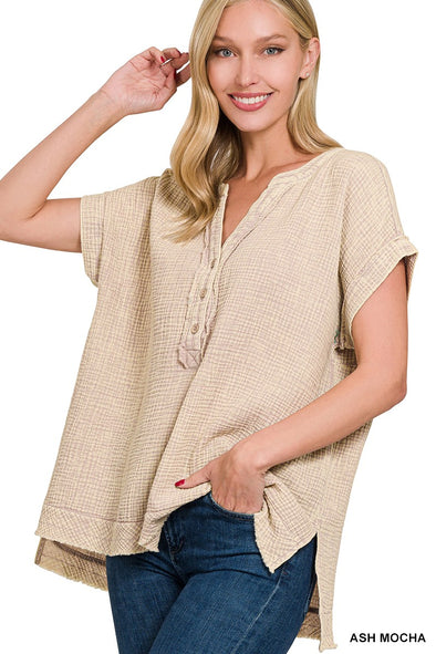 WASHED DOUBLE GAUZE 3/4 BUTTON HENLEY NECK SHIRT ash mocha