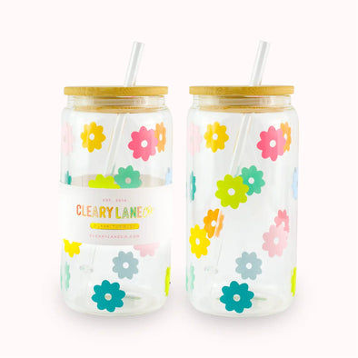 16oz Clear Glass Tumbler with Bamboo Lid | Rainbow Flowers