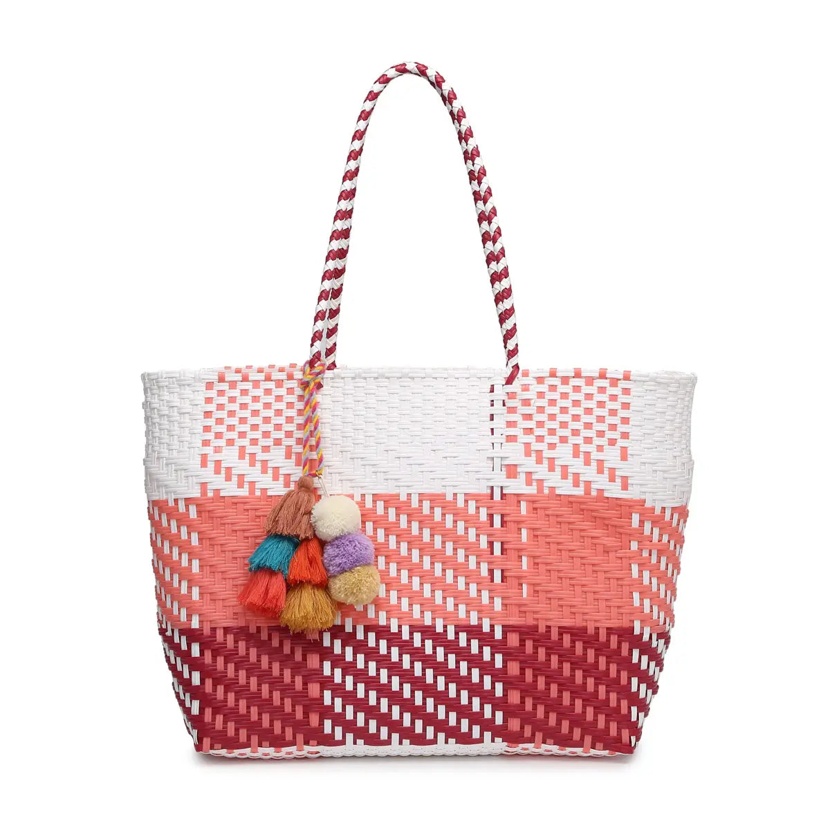 Sylvia Med Handwoven Tote w/ Pom-Poms