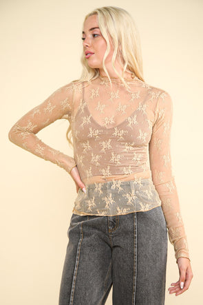 champagne sheer mesh knit top