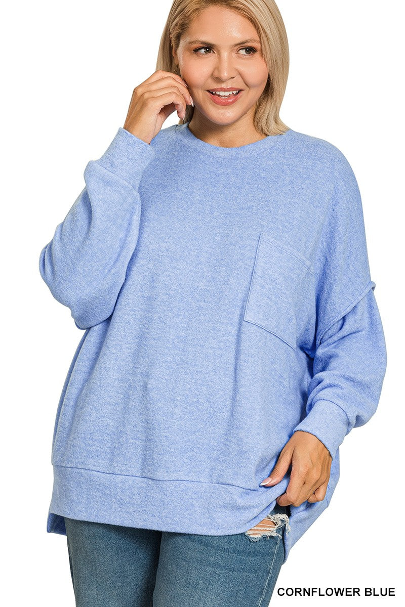 Plus Brushed Melange Drop Shoulder Sweater CORN FLOWER BLUE