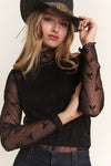 LONG SLEEVE RIBBON SHAPED MOCK NECK LACE TOP